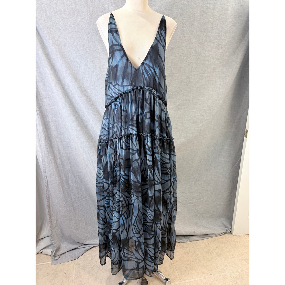 Free People Maxi Dress Blue Black Abstract Print Tiered V-Neck Size S